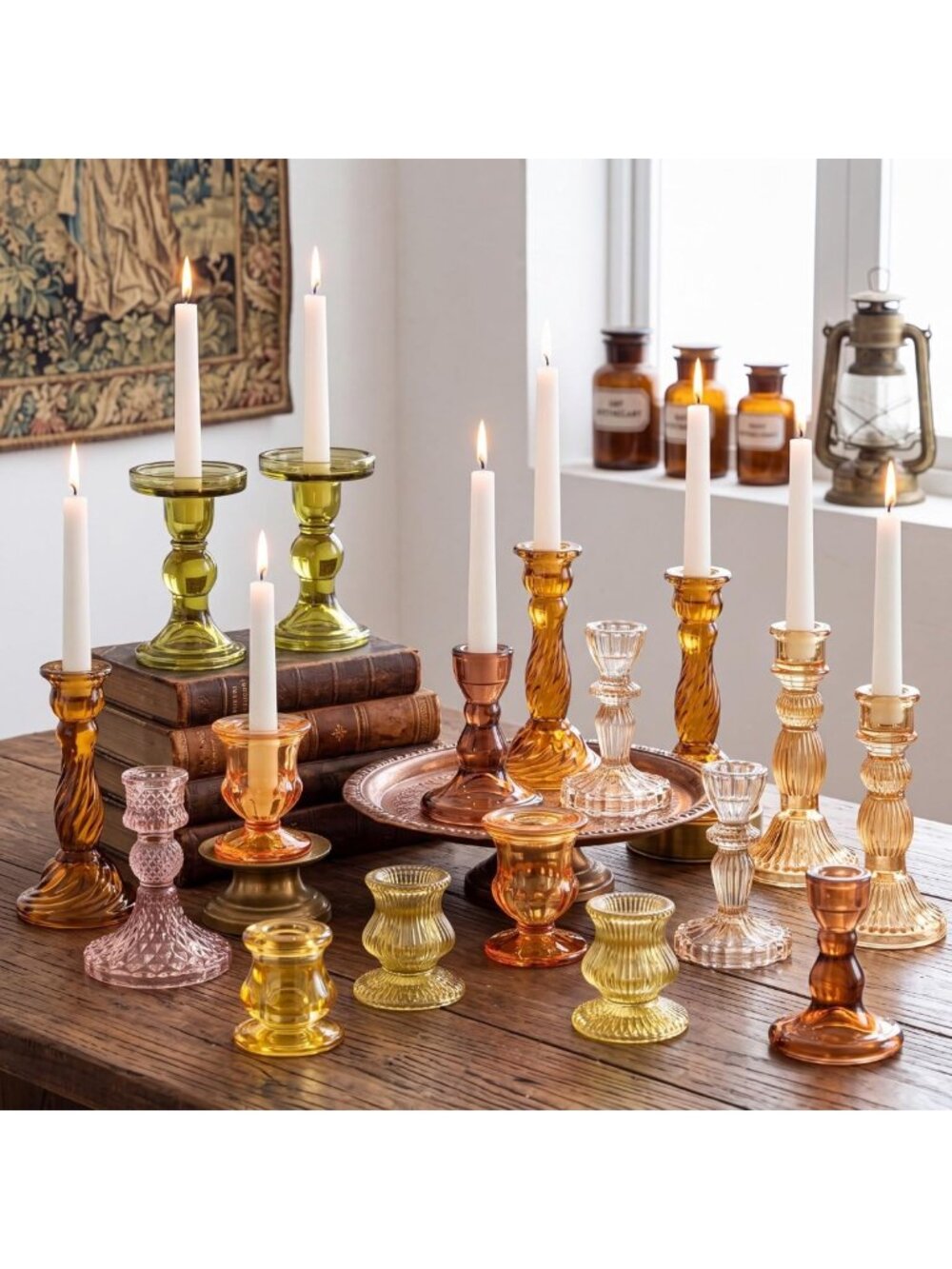 20 Pcs Assorted Glass Taper Candle Holders in Orange & Yellow - Elegant Decor